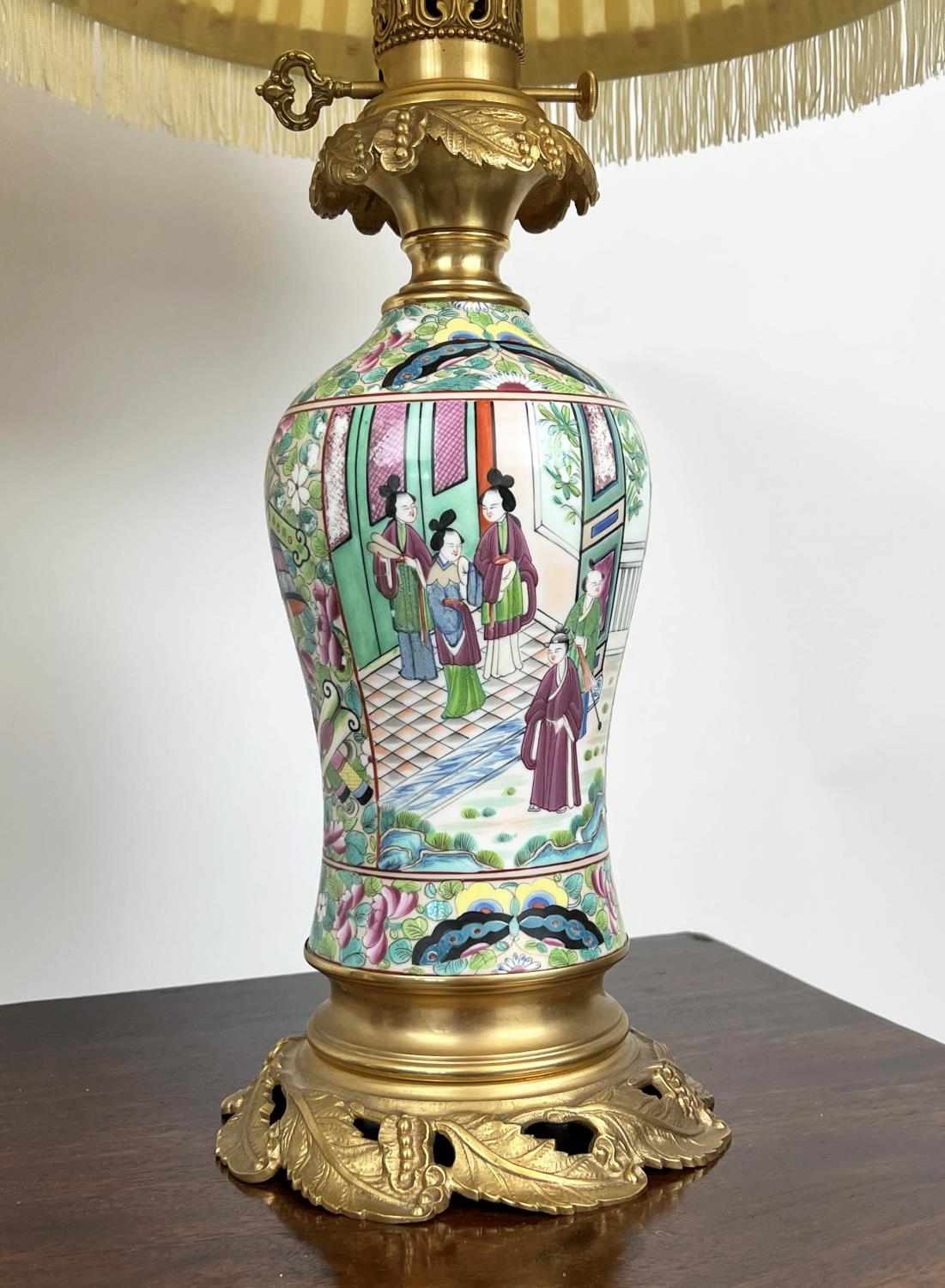 TABLE LAMPS, a pair, Cantonese hand-painted porcelain baluster form with fine ormolu mounts and silk - Image 2 of 7