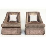 EGERTON ARMCHAIRS, a pair, Egerton piped two tone taupe with sloping arms and skirt, 70cm x 87cm x