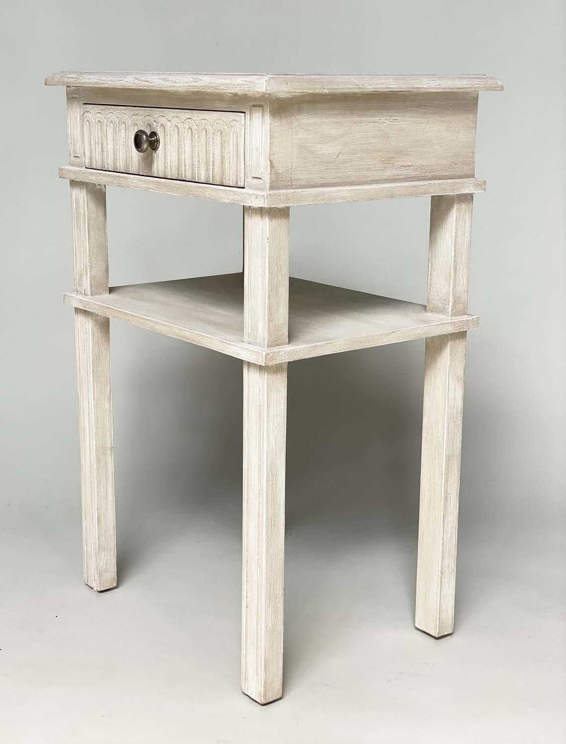 LAMP TABLES, a pair, French style grey painted each with drawer and undertier and fluted detail, - Image 3 of 5