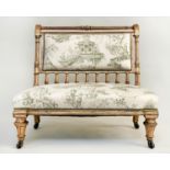 BANQUETTE, 19th century giltwood with green Chinese toile printed upholstery with turned fluted