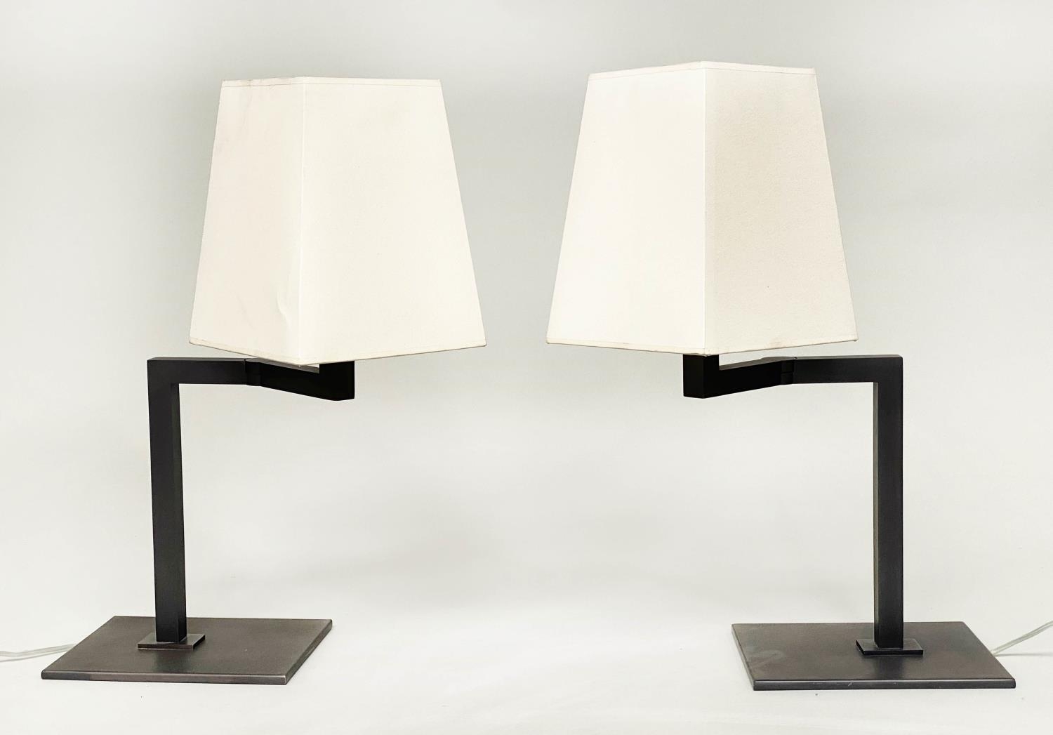 SIFRA TABLE LAMPS, a pair, bronzed swing supports and platform with shades, 60cm H. (2)