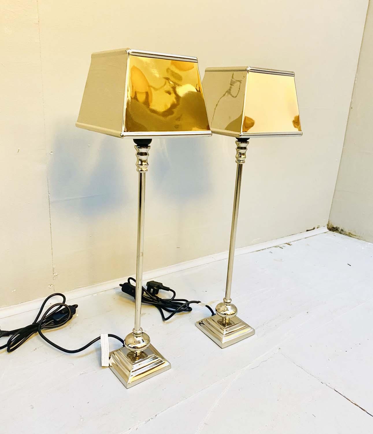 LIBRARY LAMPS, a pair, 59cm high, polished metal, with shades. (2) - Image 3 of 3