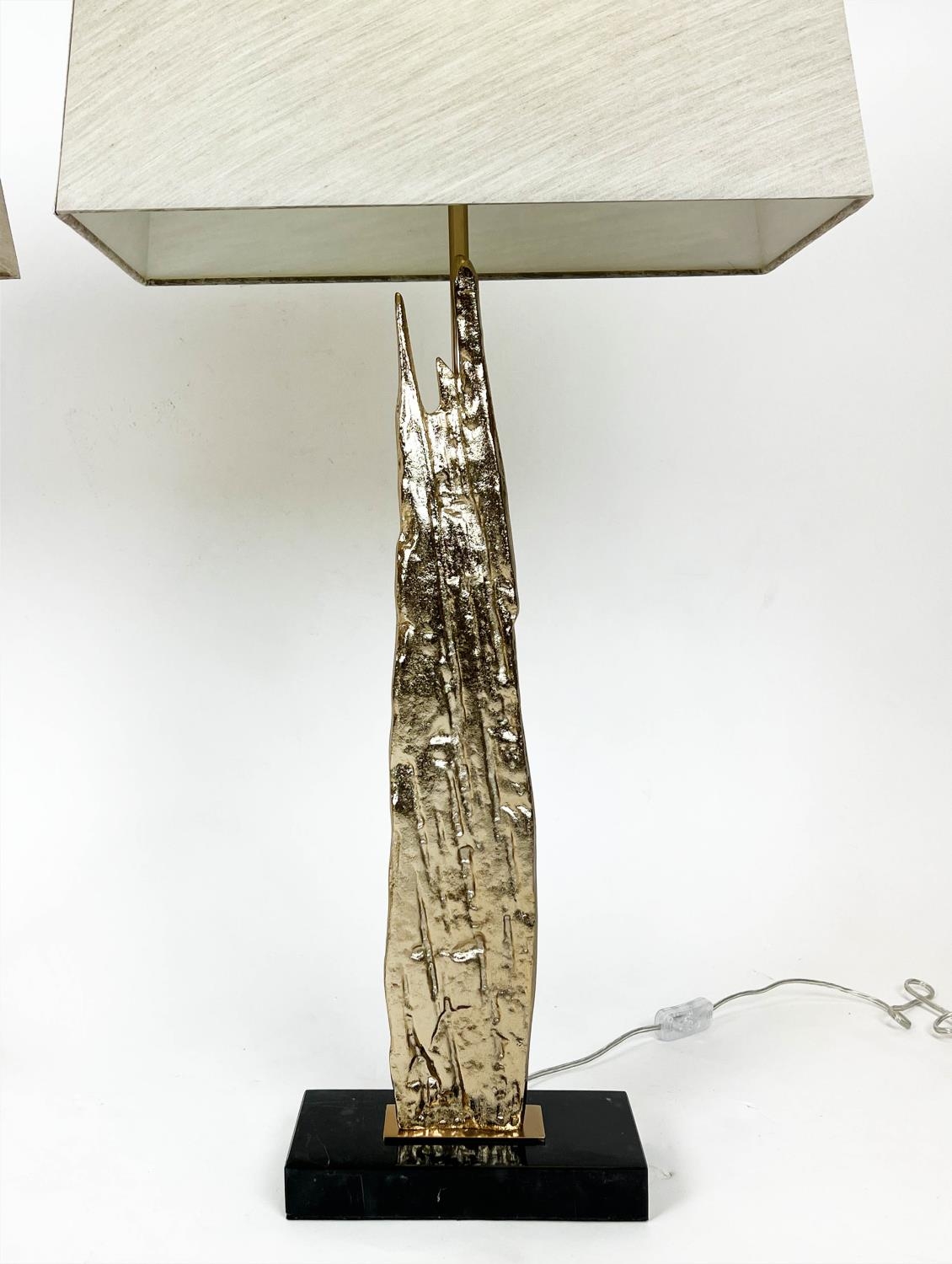 TABLE LAMPS, a pair, gilt metal stalagmite form with square marble bases and shades, 101cm H. (2) - Image 2 of 5