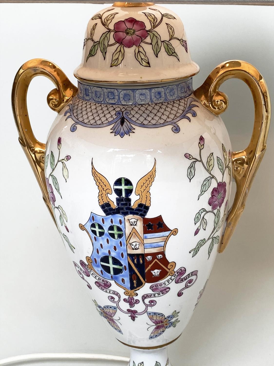 TABLE LAMPS, a pair, urn shaped glazed ceramic each with armorial crest and twin gilded handles with - Image 2 of 8