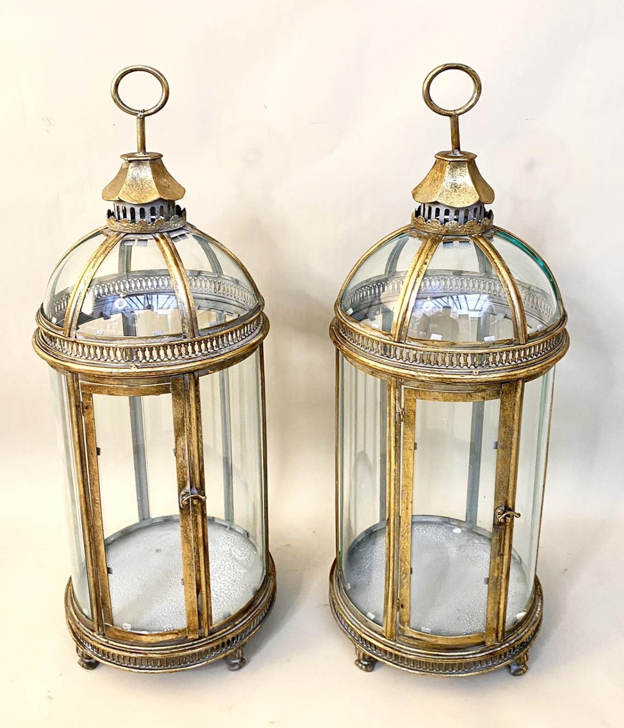 STORM LANTERNS, pair, 80cm H x 28cm diam. in the Regency style, gilt metal frames, glazed sides - Image 5 of 5