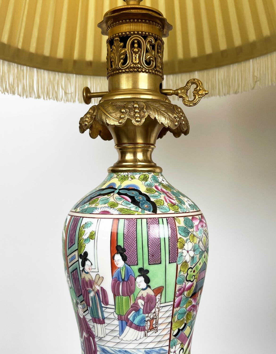 TABLE LAMPS, a pair, Cantonese hand-painted porcelain baluster form with fine ormolu mounts and silk - Image 3 of 7