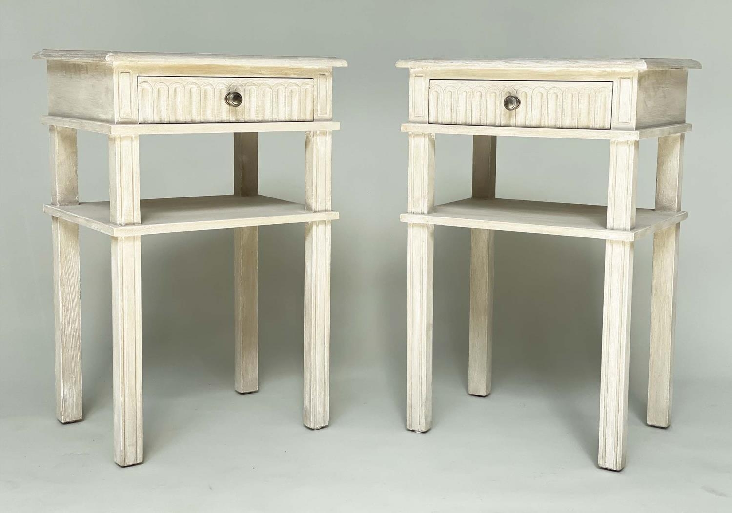 LAMP TABLES, a pair, French style grey painted each with drawer and undertier and fluted detail,