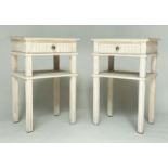 LAMP TABLES, a pair, French style grey painted each with drawer and undertier and fluted detail,