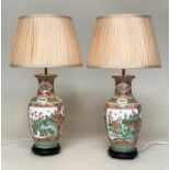 TABLE LAMPS, a pair, Chinese ceramic famille verte vase form with pierced bases with shades, 75cm H.