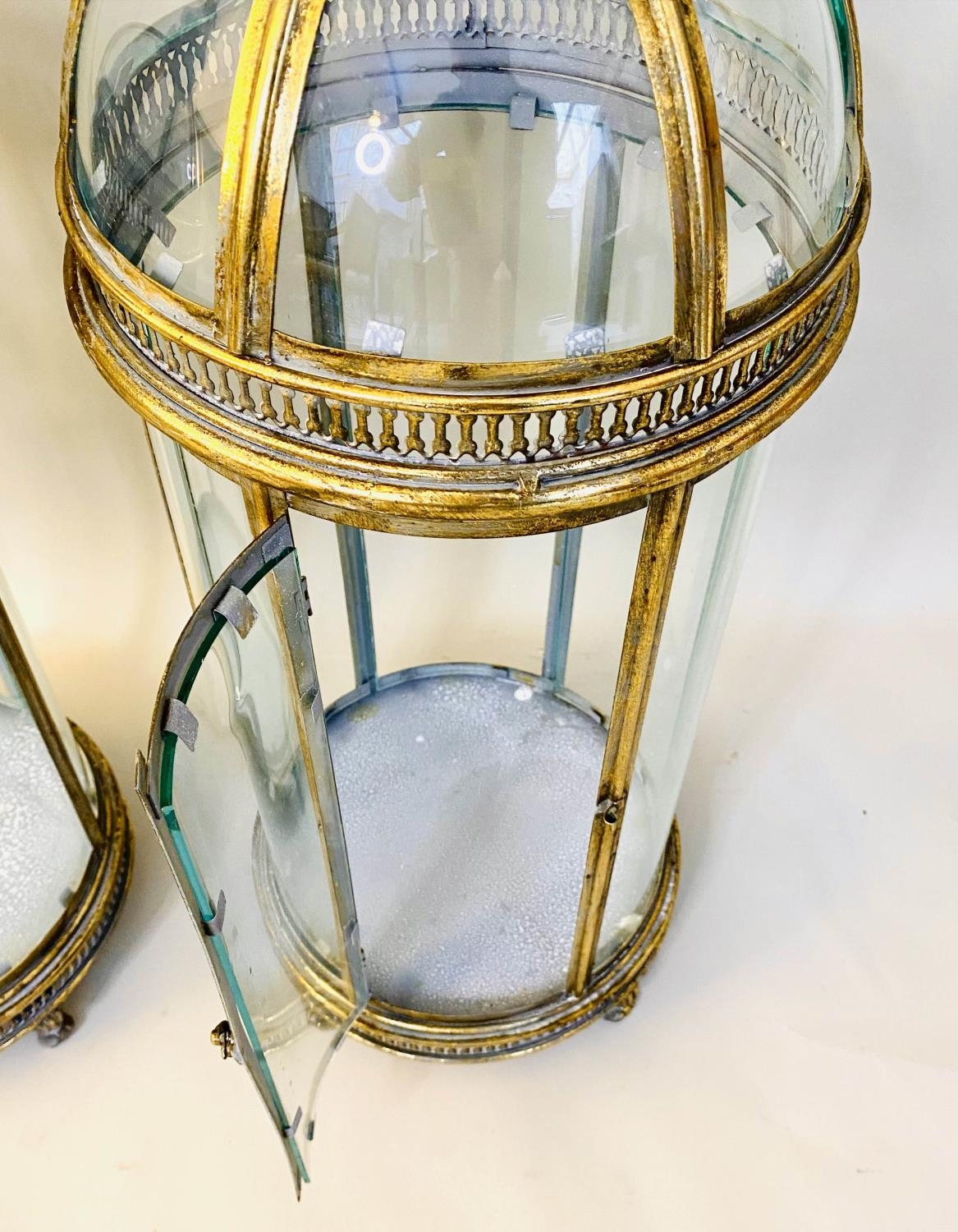 STORM LANTERNS, pair, 80cm H x 28cm diam. in the Regency style, gilt metal frames, glazed sides - Image 3 of 5