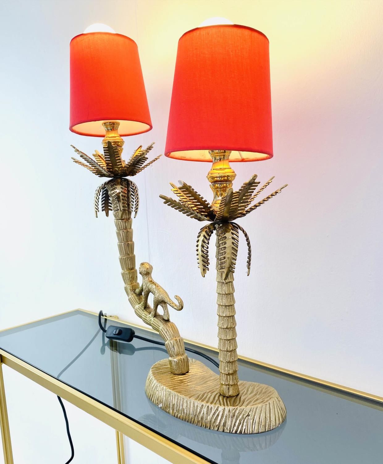 TABLE LAMP, two branch, gilt metal, in the form of a monkey climbing trees, with shades, 50cm x 32cm - Image 2 of 3