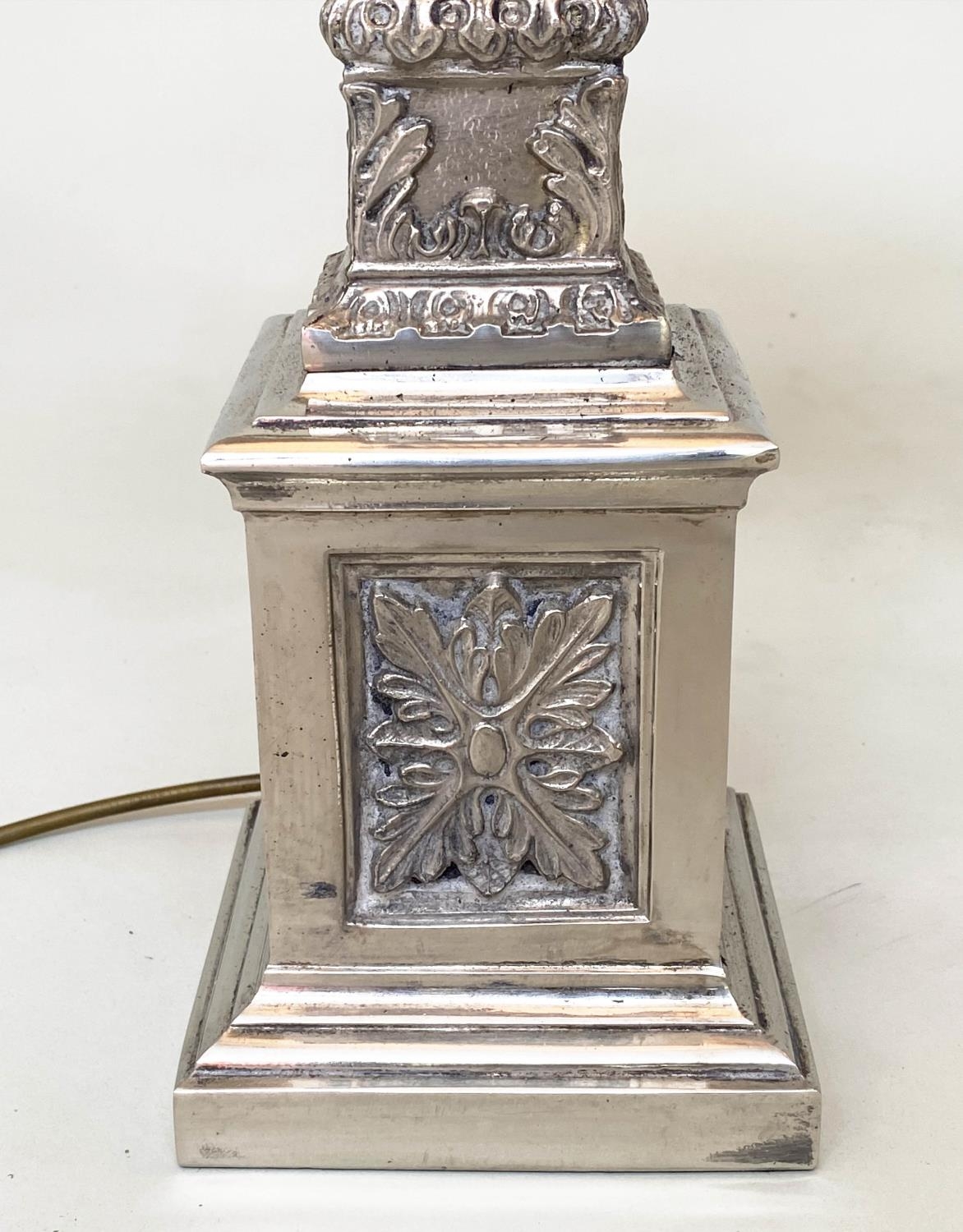 TABLE LAMPS, a pair, silvered metal with fluted square section columns and Corinthian capping, - Image 4 of 7