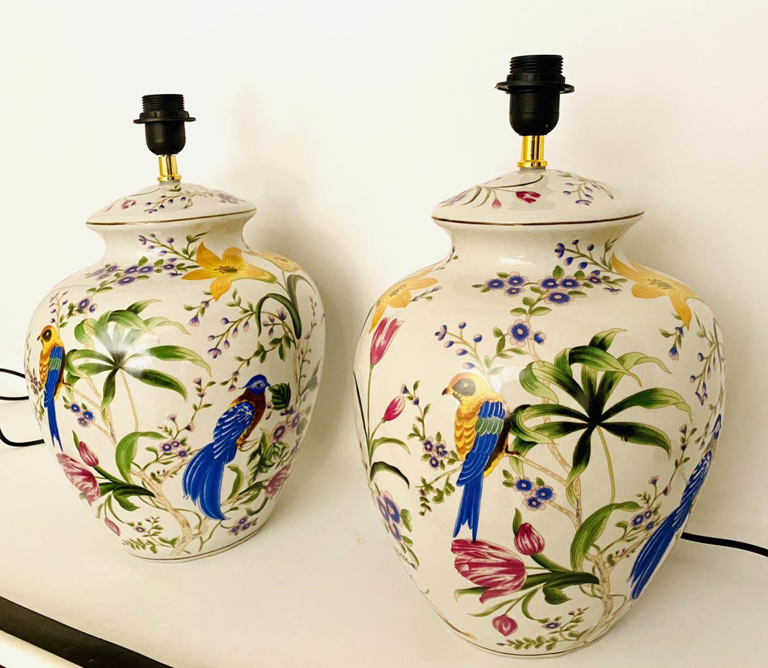 TABLE LAMPS, a pair, 46cm high, 27cm diameter, glazed ceramic with floral design with birds. (2) - Image 4 of 4