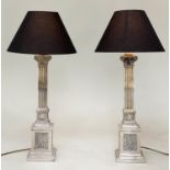 TABLE LAMPS, a pair, silvered metal with fluted square section columns and Corinthian capping,