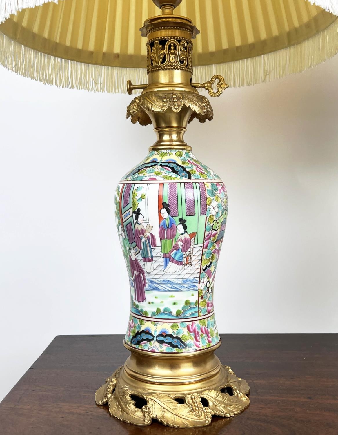 TABLE LAMPS, a pair, Cantonese hand-painted porcelain baluster form with fine ormolu mounts and silk - Image 6 of 7