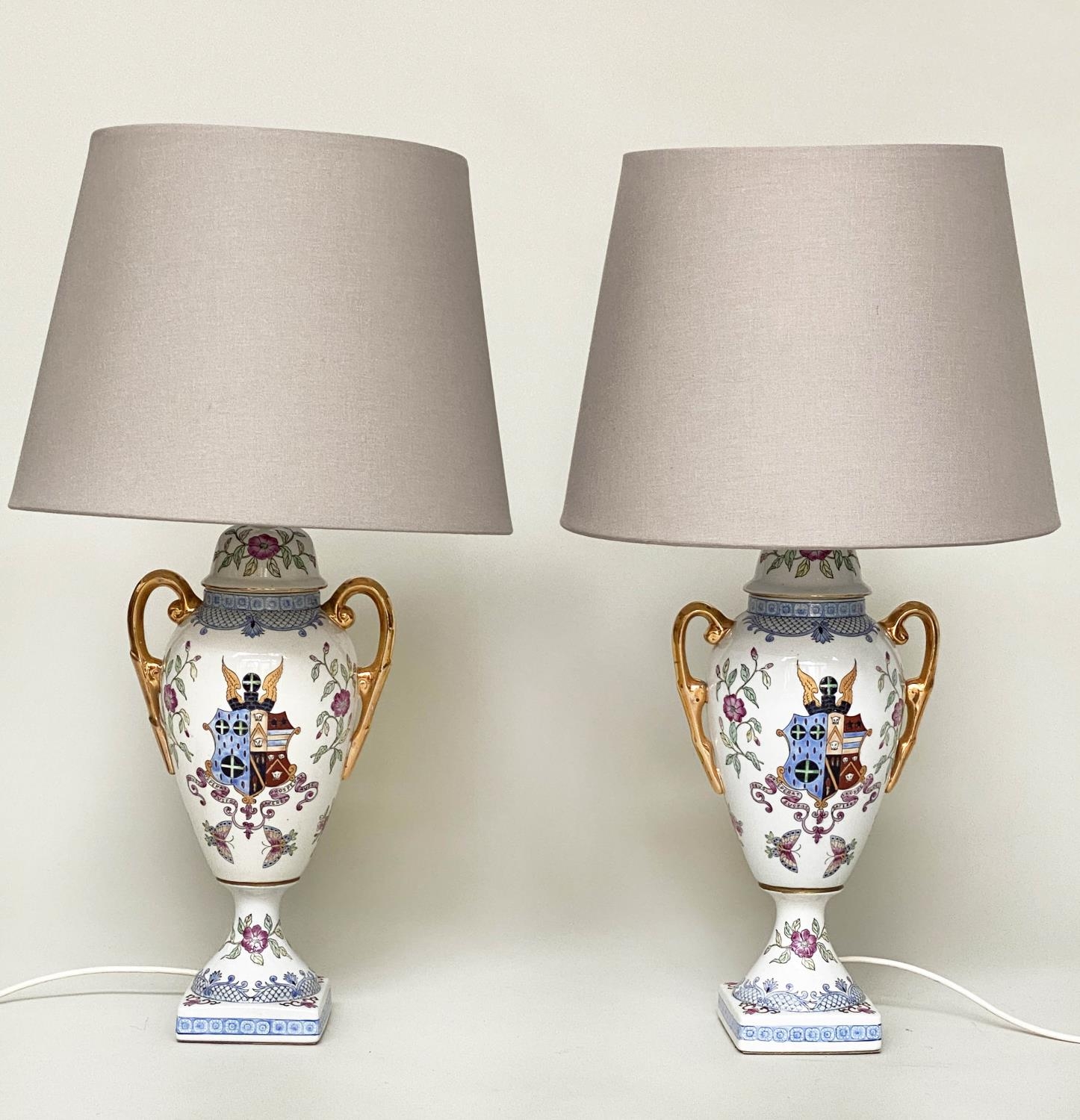 TABLE LAMPS, a pair, urn shaped glazed ceramic each with armorial crest and twin gilded handles with - Image 7 of 8