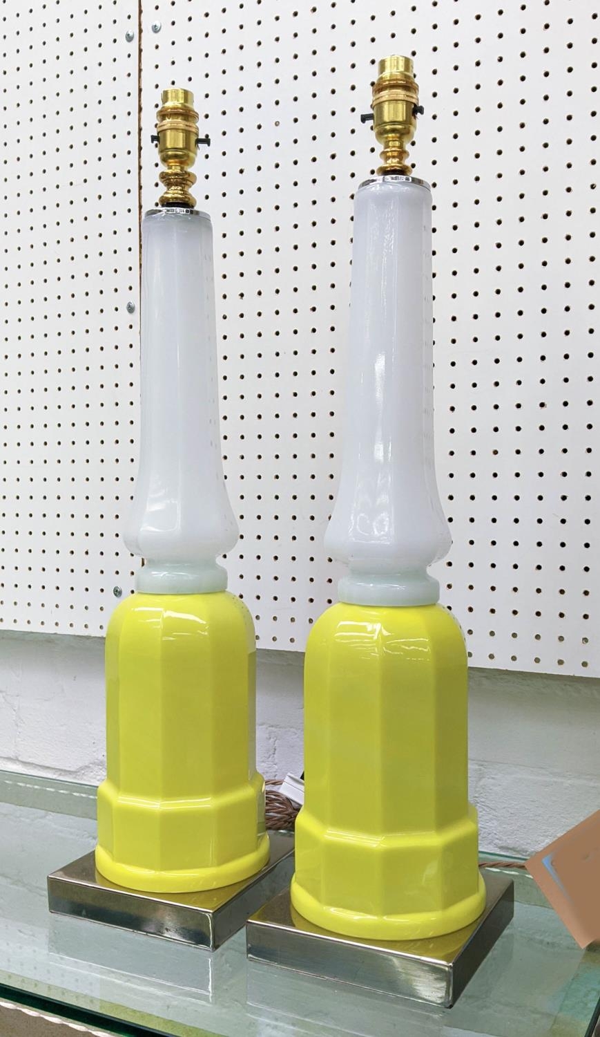 CENEDASE MURANO GLASS TABLE LAMPS, a pair, vintage yellow and white opaline glass, on chrome - Image 2 of 5