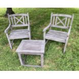 GARDEN ARMCHAIRS, a pair, weathered teak and slatted with lattice backs together with a table, chair