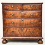 CHEST, early 18th century English Queen Anne figured walnut and crossbanded with two short and three