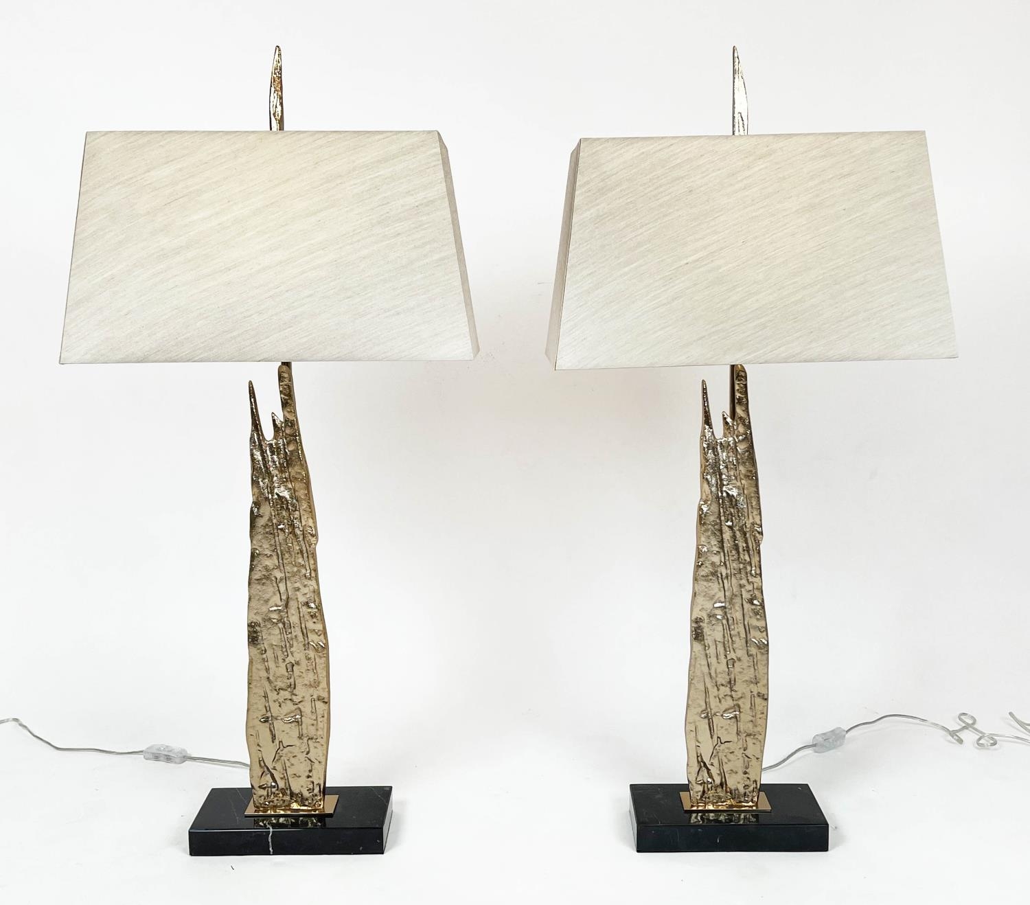 TABLE LAMPS, a pair, gilt metal stalagmite form with square marble bases and shades, 101cm H. (2)