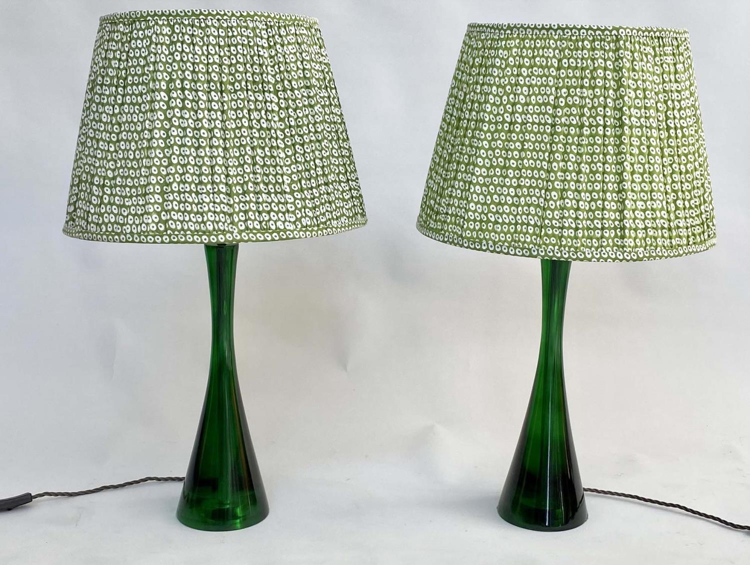 TABLE LAMPS BY POOKY LIGHTING, a pair, green 'glass' of slim waisted form with green printed lamp - Image 5 of 7