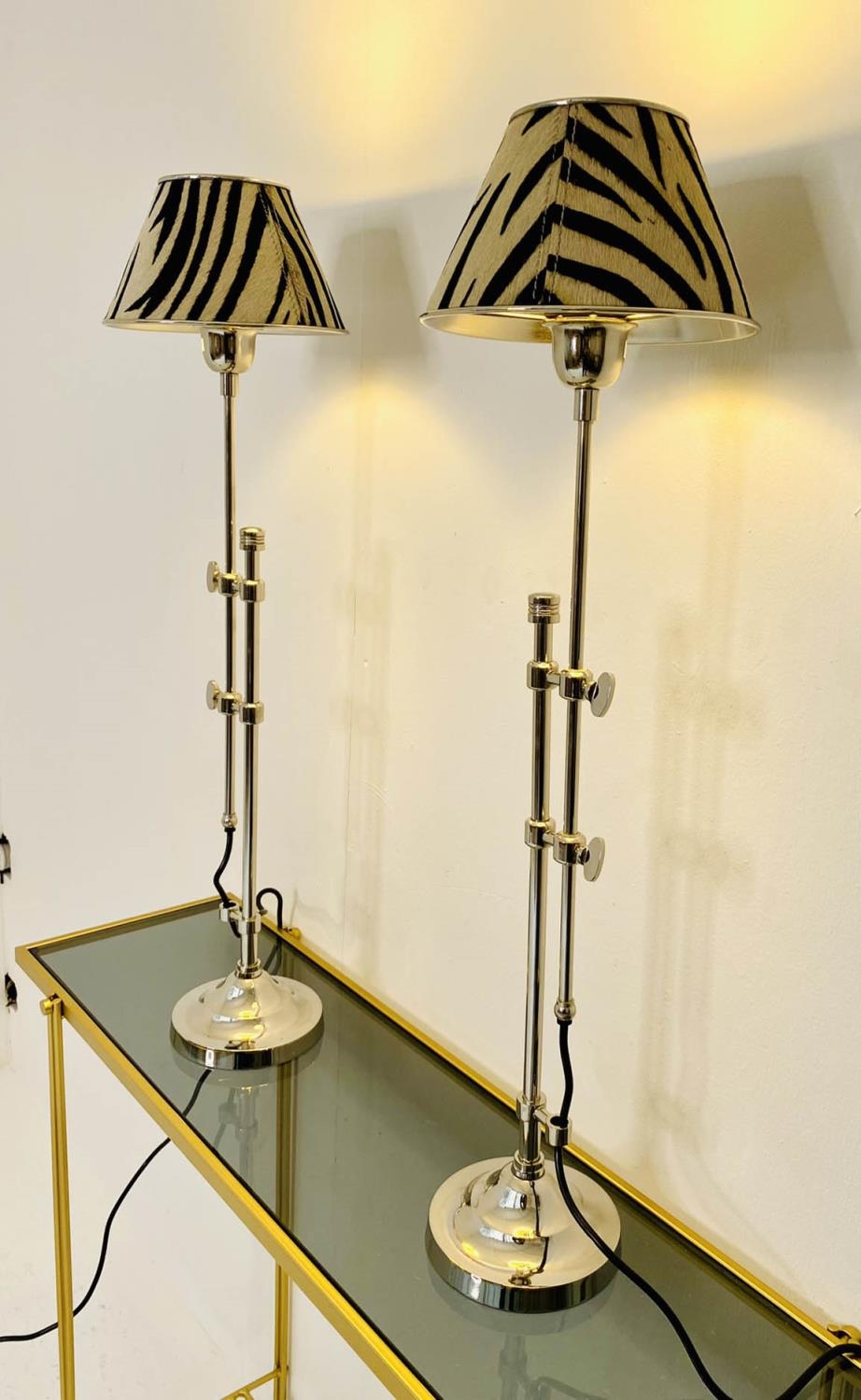 LIBRARY TABLE LAMPS, a pair, height adjustable, faux zebra hide shades, 68cm x 20cm x 20cm. - Image 4 of 4