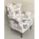 WING ARMCHAIR, studded toile printed cotton upholstered with cushion, 77cm x 76cm x 87cm H.