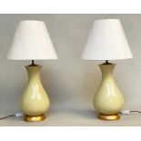 TABLE LAMPS, a pair, 'Louisa' lemon yellow glazed ceramic of vase form with giltwood bases and