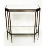 CONSOLE TABLE, Art Deco style bronze, forged metal with two tier glass shelves and canted corners,