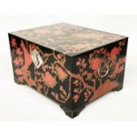 CHINESE TRUNK, early 20th century lacquered with gilded brown and red foliate and bird decoration,