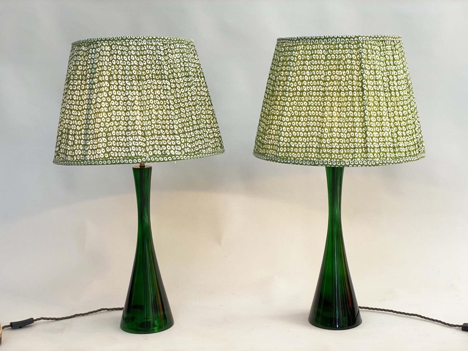 TABLE LAMPS BY POOKY LIGHTING, a pair, green 'glass' of slim waisted form with green printed lamp