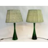 TABLE LAMPS BY POOKY LIGHTING, a pair, green 'glass' of slim waisted form with green printed lamp