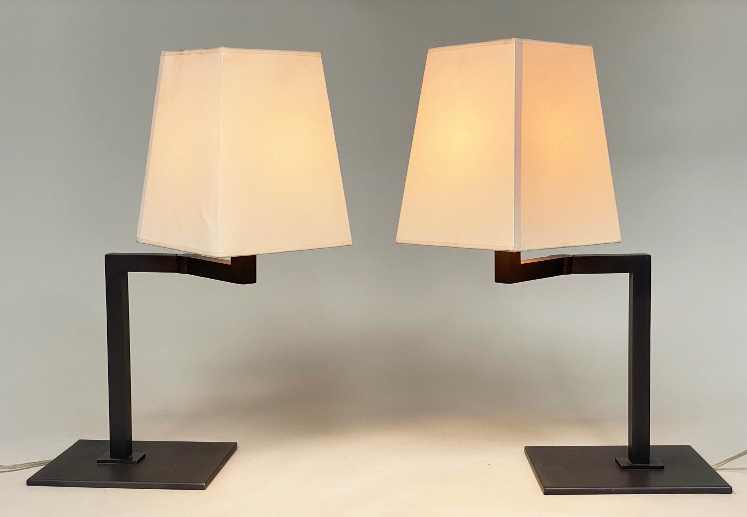 SIFRA TABLE LAMPS, a pair, bronzed swing supports and platform with shades, 60cm H. (2) - Image 2 of 7