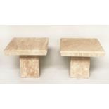 TRAVERTINE LAMP TABLES, a pair, 1970's Italian marble each square with plinth bases, 60cm x 60cm x