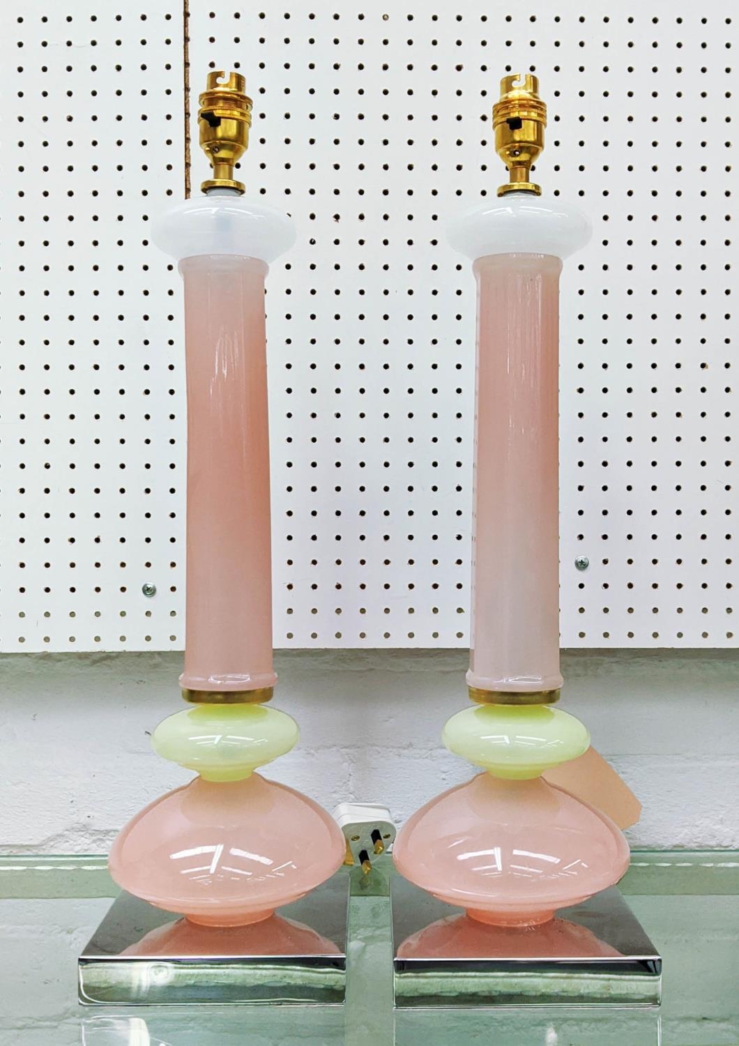 CENEDASE MURANO GLASS TABLE LAMPS, a pair, vintage pink opaline glass, on chrome bases, 54cm H. (2)