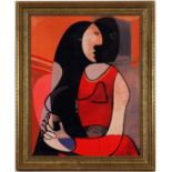 AFTER PABLO PICASSO, Seated woman on cotton, vintage French frame, 90cm x 70cm.
