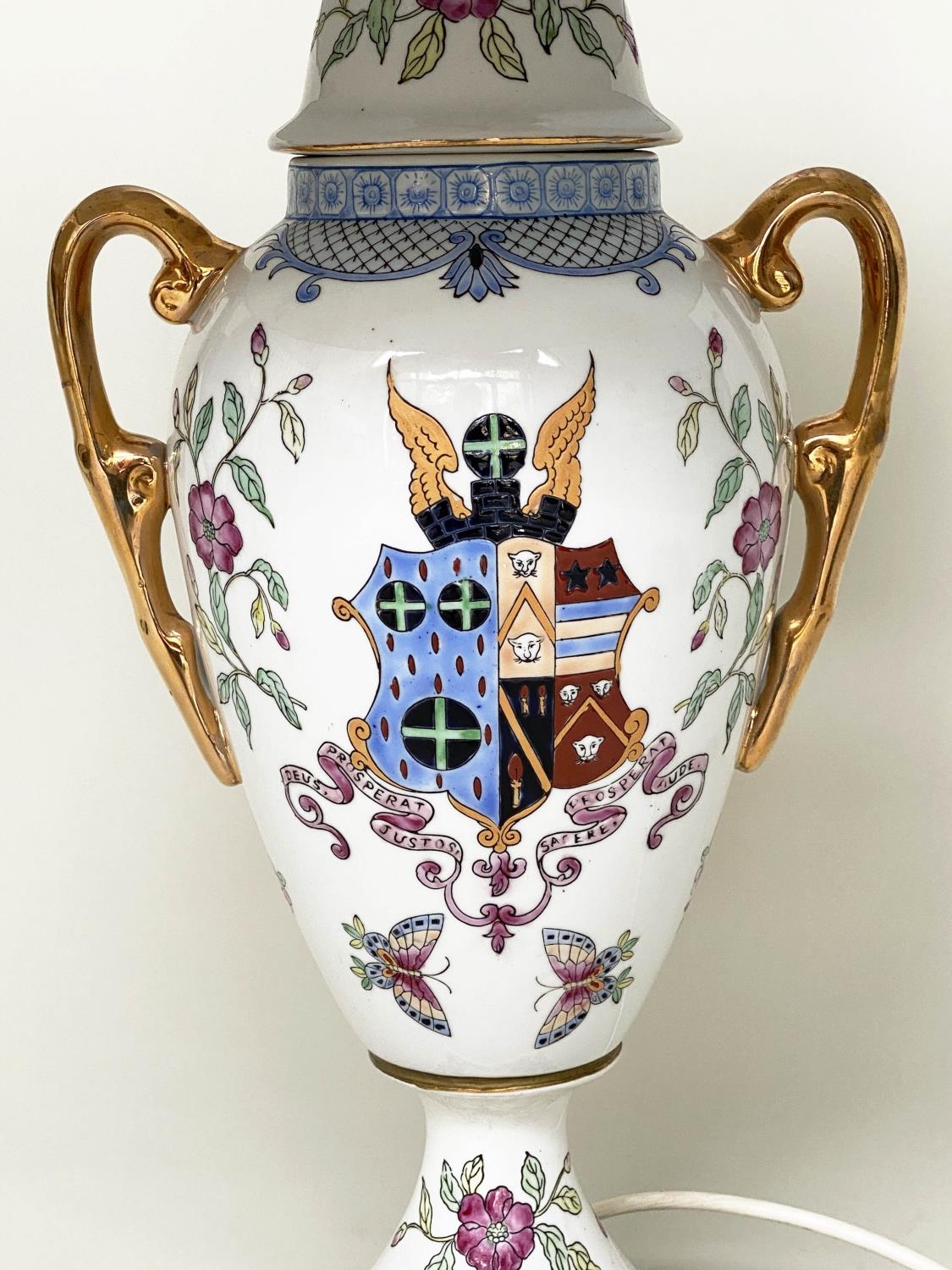 TABLE LAMPS, a pair, urn shaped glazed ceramic each with armorial crest and twin gilded handles with - Image 5 of 8