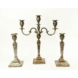 A NEO-CLASSICAL STYLE SILVER CANDELABRUM AND CANDLESTICK SET, Birmingham 1969, makers mark for