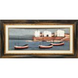 PROSPERO (Italy c 1970) 'Harbour View', oil on board, 29cm x 79cm, signed, framed.