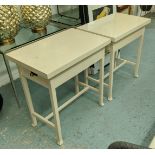 BERNHARDT SALON CHAIRSIDE TABLES, a pair, with double end drawer to each, and lift up top to
