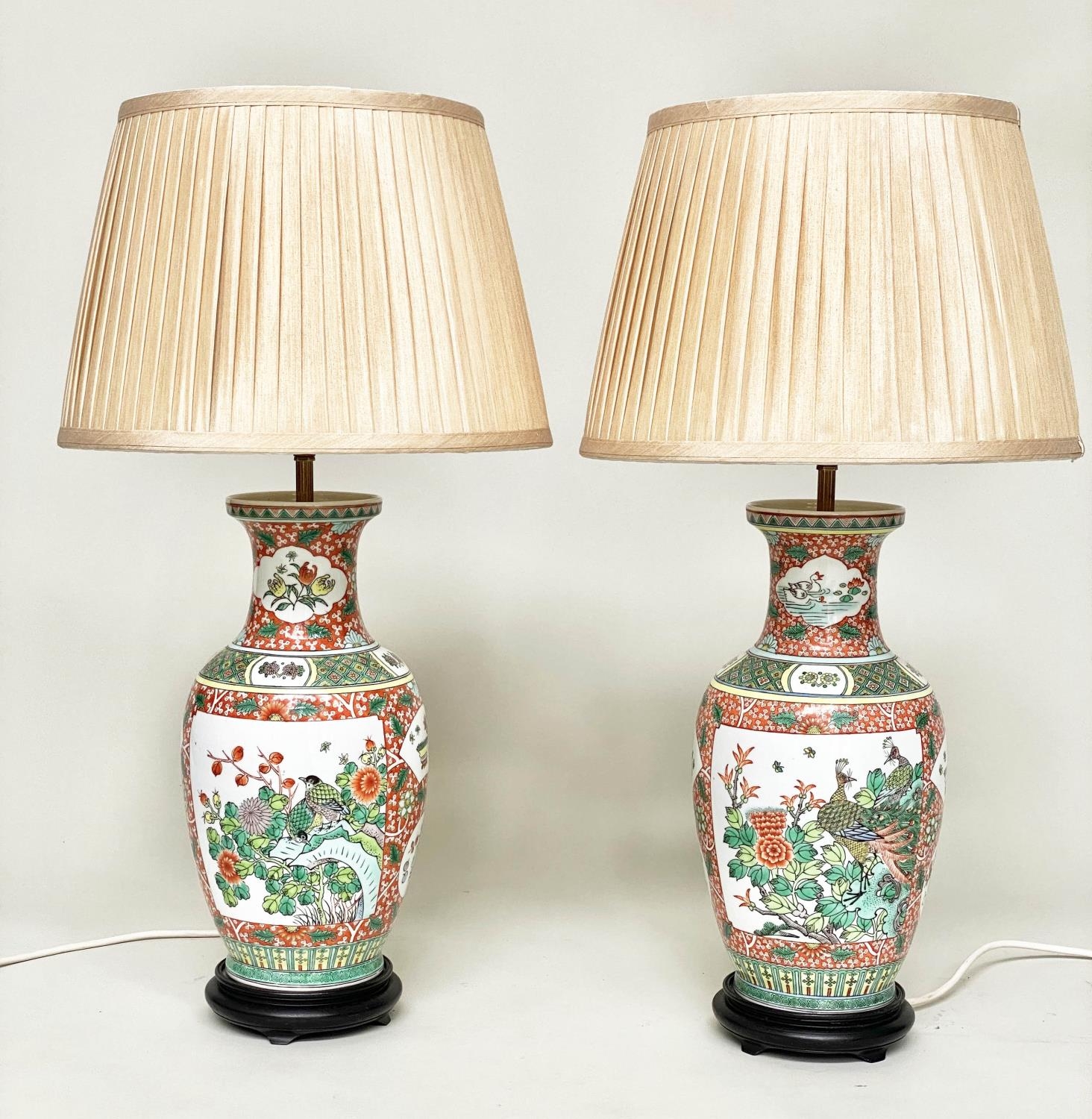 TABLE LAMPS, a pair, Chinese ceramic famille verte vase form with pierced bases with shades, 75cm H. - Image 3 of 8