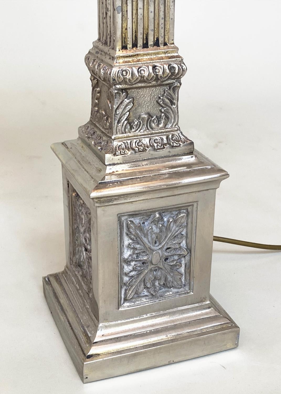 TABLE LAMPS, a pair, silvered metal with fluted square section columns and Corinthian capping, - Image 6 of 7