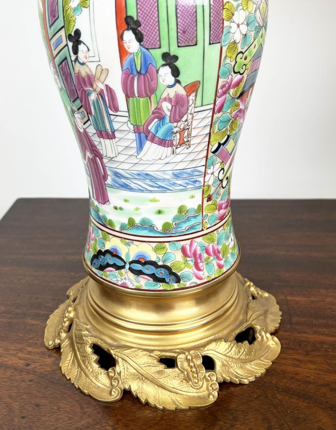 TABLE LAMPS, a pair, Cantonese hand-painted porcelain baluster form with fine ormolu mounts and silk - Image 5 of 7