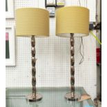 TABLE LAMPS, a pair, polished metal, with green fabric shades, 67cm H. (2)
