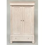 ARMOIRE, 19th century French grey painted with two panelled doors enclosing hanging space above a