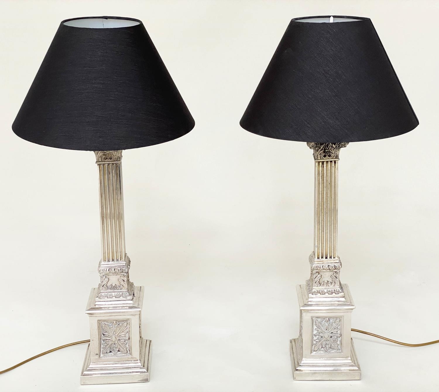 TABLE LAMPS, a pair, silvered metal with fluted square section columns and Corinthian capping, - Image 2 of 7