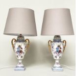 TABLE LAMPS, a pair, urn shaped glazed ceramic each with armorial crest and twin gilded handles with