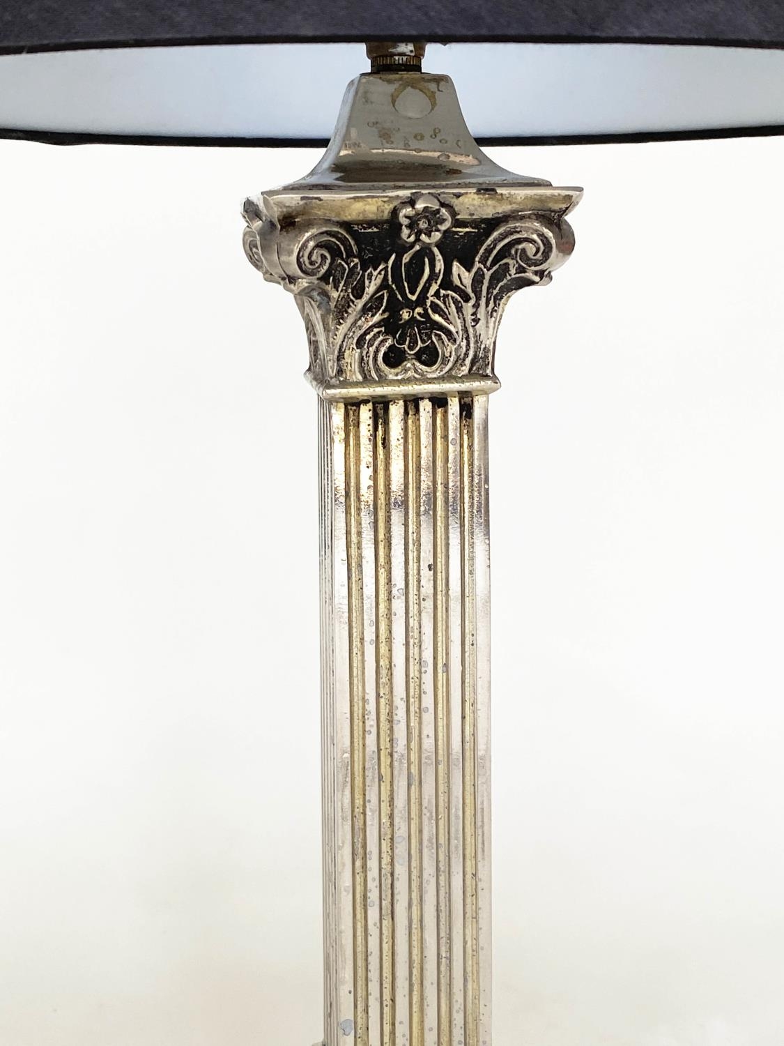 TABLE LAMPS, a pair, silvered metal with fluted square section columns and Corinthian capping, - Image 3 of 7