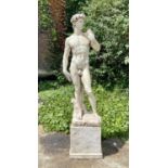 AFTER MICHELANGELO, sculpture of David, 165cm H x 35cm W x 34cm D, raised on a square plinth base.