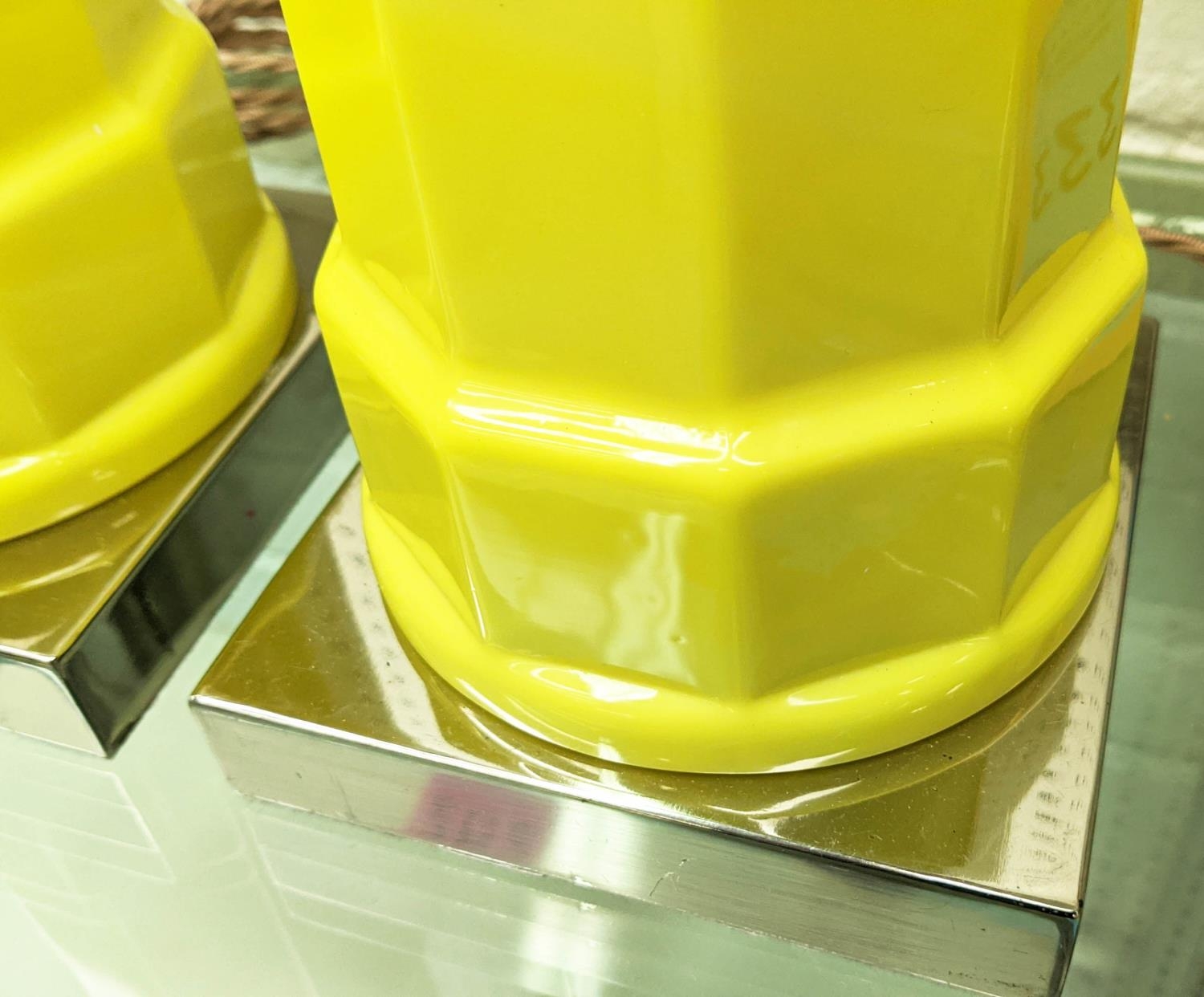 CENEDASE MURANO GLASS TABLE LAMPS, a pair, vintage yellow and white opaline glass, on chrome - Image 4 of 5